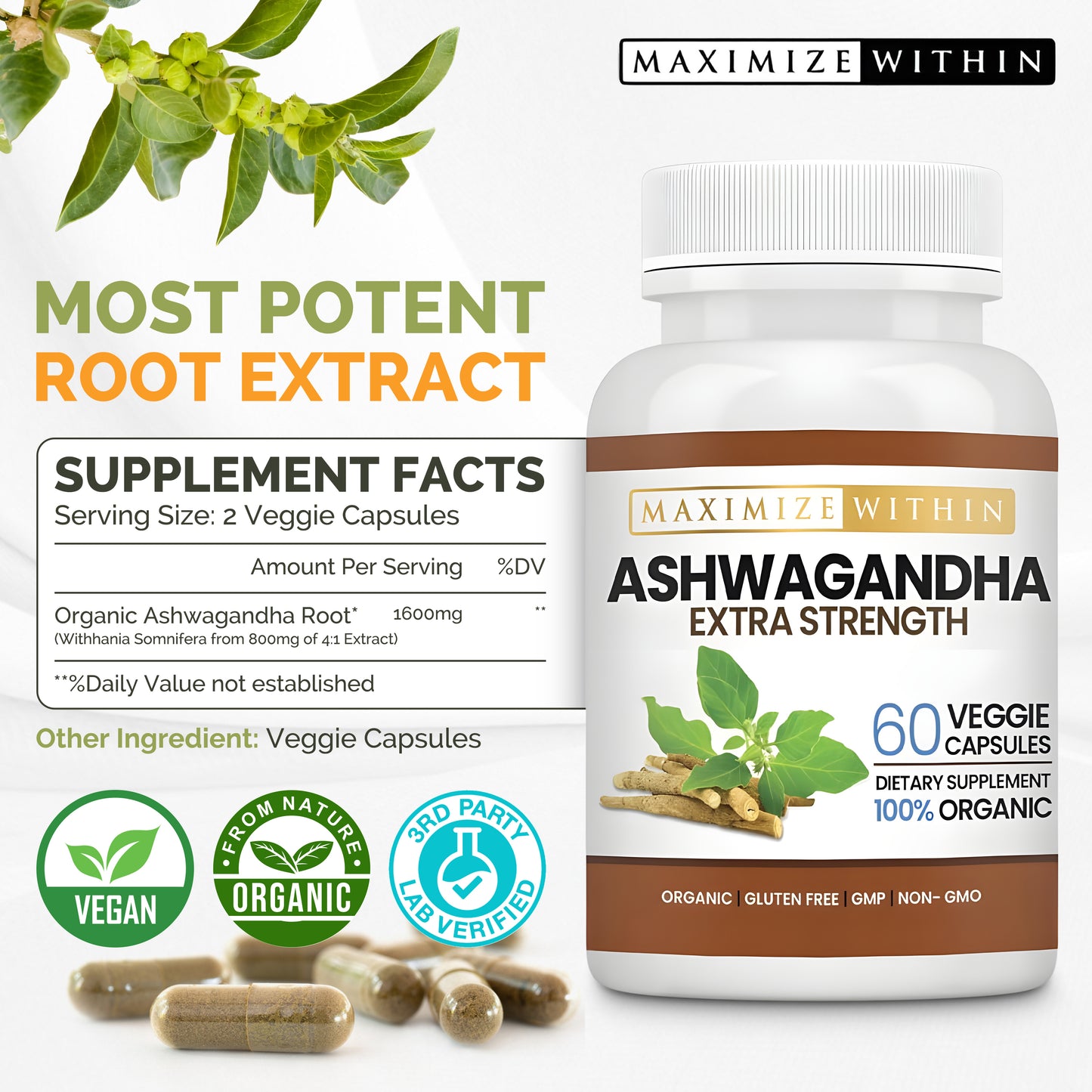 Ashwagandha Root Extra Strength - Maximum Slim | Supports Stress Relief & Vitality