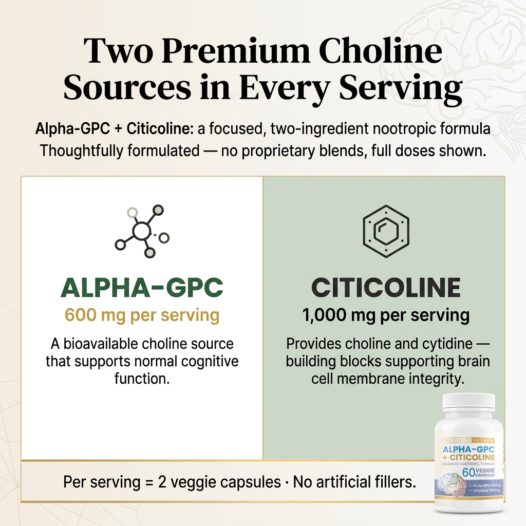 Alpha GPC + Citicoline | Brain Health Supplement | Known to improve focus & clear brain fog | Plant Based Capsules | Pack of 30