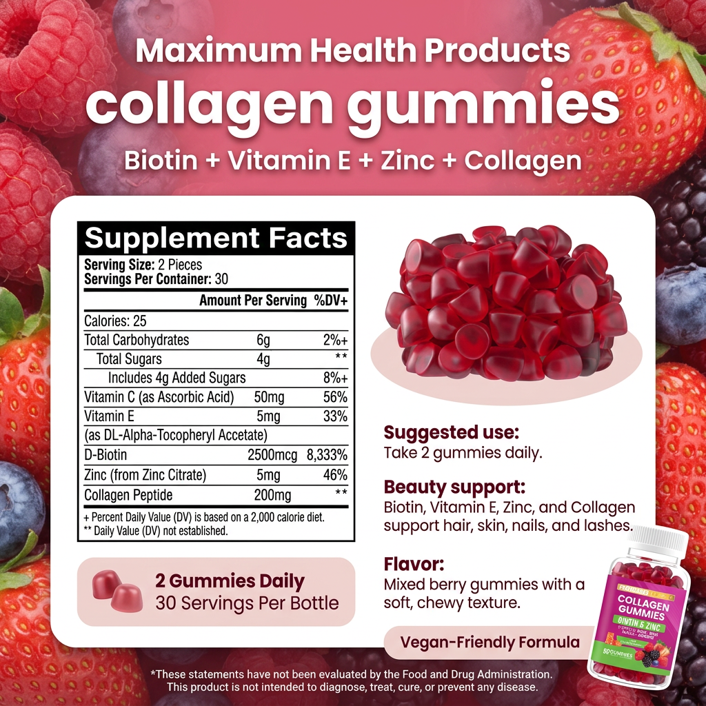 Collagen Gummies, Mixed Berries Flavor – Supports Hair, Skin, Nails, Joints